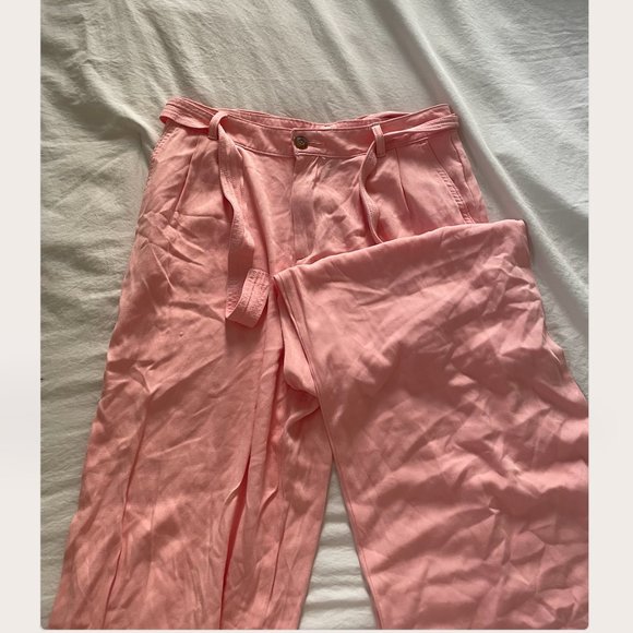 ⭐️ Pink Wide Leg Boho Peasant Hipster Minimalist Modern Glam Belted Farm Pants - Picture 1 of 6